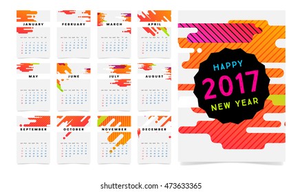 Calendar for 2017 vector template with abstract geometric pattern. Week starts from sunday.