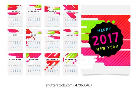 Calendar for 2017 vector template with abstract geometric pattern. Week starts from sunday.