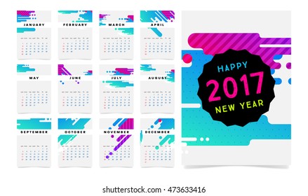 Calendar for 2017 vector template with abstract geometric pattern. Week starts from sunday.