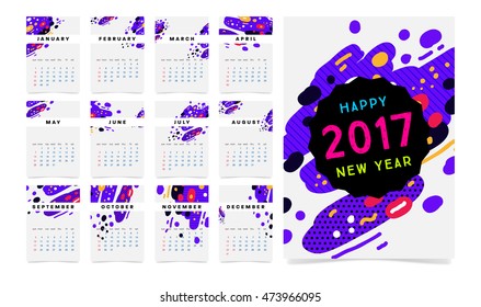 Calendar for 2017 vector template with abstract geometric pattern. Week starts from sunday.