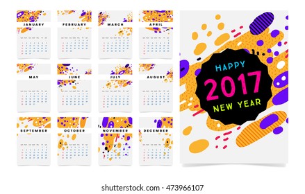 Calendar for 2017 vector template with abstract geometric pattern. Week starts from sunday.