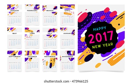 Calendar for 2017 vector template with abstract geometric pattern. Week starts from sunday.