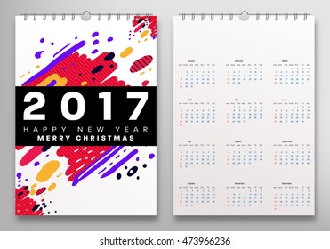 Calendar for 2017 vector template with abstract geometric pattern. Week starts from sunday.