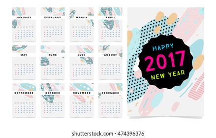 Calendar for 2017 vector template with abstract geometric pattern. Week starts from sunday.
