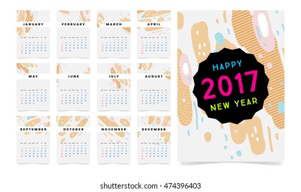 Calendar for 2017 vector template with abstract geometric pattern. Week starts from sunday.