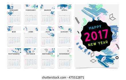 Calendar for 2017 vector template with abstract geometric pattern. Week starts from sunday.
