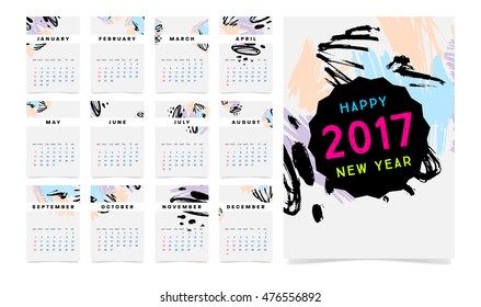 Calendar for 2017 vector template with abstract watercolor pattern. Week starts from sunday.
