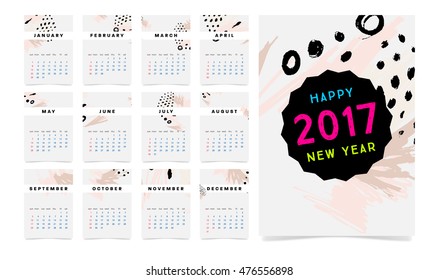 Calendar for 2017 vector template with abstract watercolor pattern. Week starts from sunday.