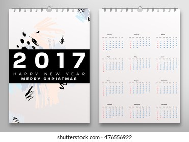 Calendar for 2017 vector template with abstract watercolor pattern. Week starts from sunday.