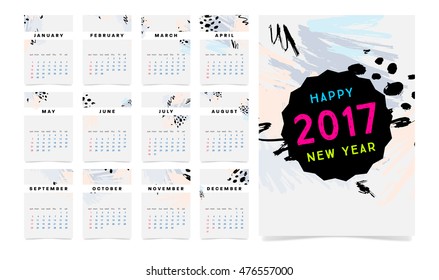 Calendar for 2017 vector template with abstract watercolor pattern. Week starts from sunday.