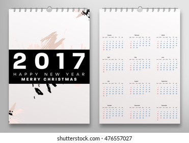 Calendar for 2017 vector template with abstract watercolor pattern. Week starts from sunday.
