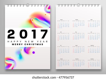 Calendar for 2017 vector template with abstract watercolor pattern. Week starts from sunday.