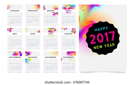 Calendar for 2017 vector template with abstract watercolor pattern. Week starts from sunday.