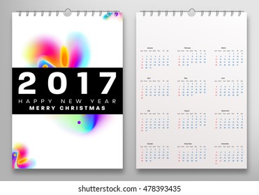 Calendar for 2017 vector template with abstract watercolor pattern. Week starts from sunday.