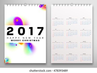 Calendar for 2017 vector template with abstract watercolor pattern. Week starts from sunday.