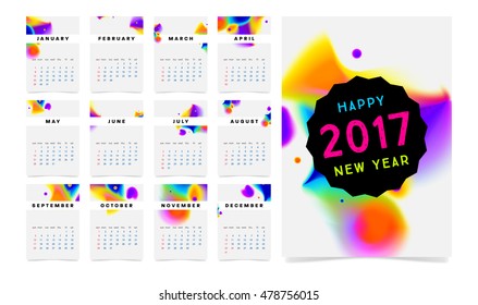 Calendar for 2017 vector template with abstract watercolor pattern. Week starts from sunday.