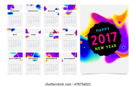 Calendar for 2017 vector template with abstract watercolor pattern. Week starts from sunday.