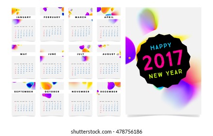 Calendar for 2017 vector template with abstract watercolor pattern. Week starts from sunday.