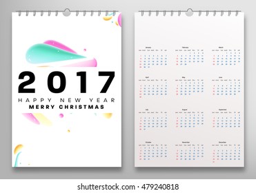 Calendar for 2017 vector template with abstract watercolor pattern. Week starts from sunday.