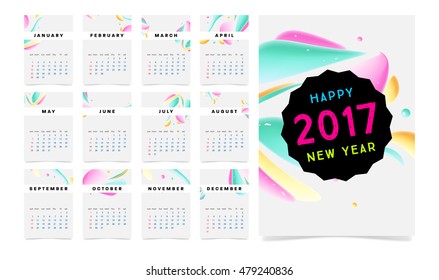 Calendar for 2017 vector template with abstract watercolor pattern. Week starts from sunday.