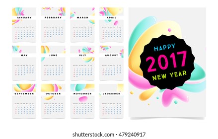 Calendar for 2017 vector template with abstract watercolor pattern. Week starts from sunday.