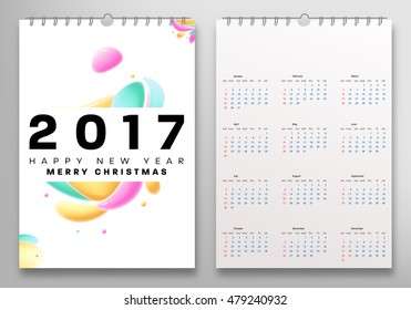 Calendar for 2017 vector template with abstract watercolor pattern. Week starts from sunday.