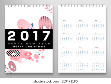 Calendar for 2017 vector template with abstract watercolor pattern. Week starts from sunday.