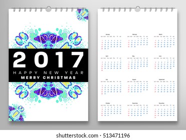 Calendar for 2017 vector template with abstract watercolor pattern. Week starts from sunday.