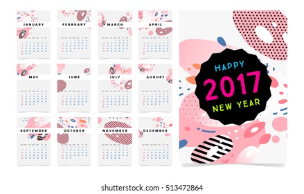 Calendar for 2017 vector template with abstract watercolor pattern. Week starts from sunday.