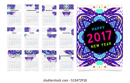 Calendar for 2017 vector template with abstract watercolor pattern. Week starts from sunday.