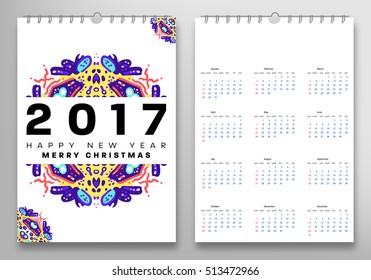 Calendario para la plantilla vectorial 2017 con patrón de acuarela abstracta. La semana comienza el domingo.