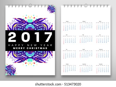 Calendar for 2017 vector template with abstract watercolor pattern. Week starts from sunday.