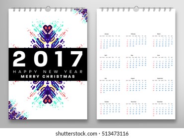 Calendar for 2017 vector template with abstract watercolor pattern. Week starts from sunday.
