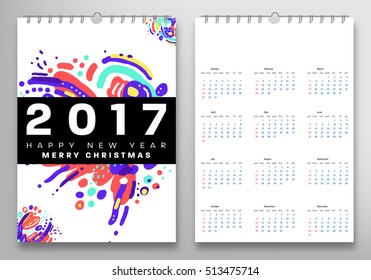 Calendario para la plantilla vectorial 2017 con patrón de acuarela abstracta. La semana comienza el domingo.