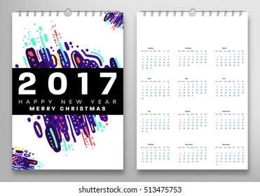 Calendar for 2017 vector template with abstract watercolor pattern. Week starts from sunday.
