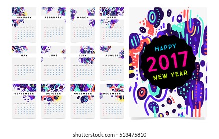 Calendar for 2017 vector template with abstract watercolor pattern. Week starts from sunday.