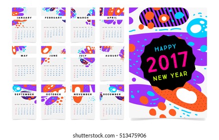 Calendar for 2017 vector template with abstract watercolor pattern. Week starts from sunday.