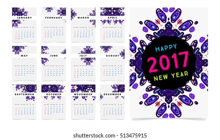 Calendar for 2017 vector template with abstract watercolor pattern. Week starts from sunday.