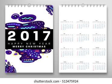 Calendario para la plantilla vectorial 2017 con patrón de acuarela abstracta. La semana comienza el domingo.