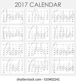 Calendar 2017 - Vector template. Creative artistic monthly calendar with hand lettering. Simply design on white. For planners and organizers - 4 x 6 inches month background. Weeks starts sunday