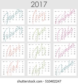 Calendar 2017 - Vector template. Creative artistic monthly calendar with hand lettering. Simply design on white. For planners and organizers - 4 x 6 inches month background. Weeks starts sunday
