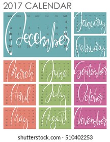 Calendar 2017 - Vector template. Creative artistic monthly calendar with hand lettering. Colorful bright trendy colors. For planners and organizers - 4 x 6 inches month background. Weeks starts sunday