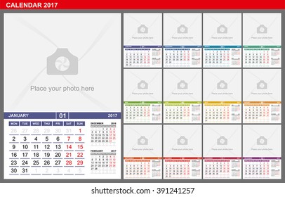 Calendar 2017. Vector Template with Place for Photo. Week Starts Monday. 3 month. 