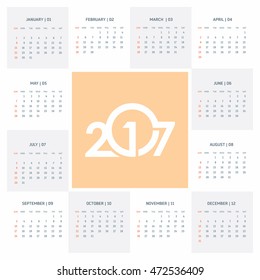 Calendar 2017 vector template week starts Monday in white background. New year calendar template. vector illustration