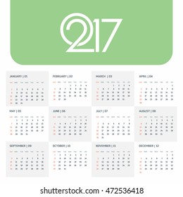 Calendar 2017 vector template week starts Monday in white background. New year calendar template. vector illustration