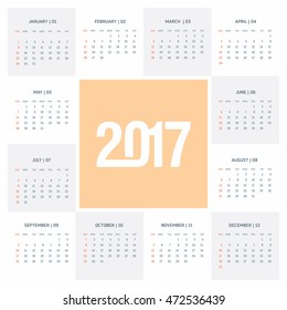 Calendar 2017 vector template week starts Monday in white background. New year calendar template. vector illustration