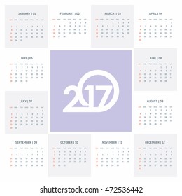Calendar 2017 vector template week starts Monday in white background. New year calendar template. vector illustration