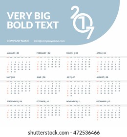 Calendar 2017 vector template week starts Monday in white background. New year calendar template. vector illustration