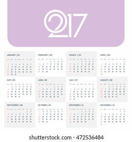 Calendar 2017 vector template week starts Monday in white background. New year calendar template. vector illustration