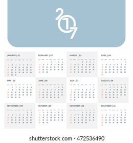 Calendar 2017 vector template week starts Monday in white background. New year calendar template. vector illustration